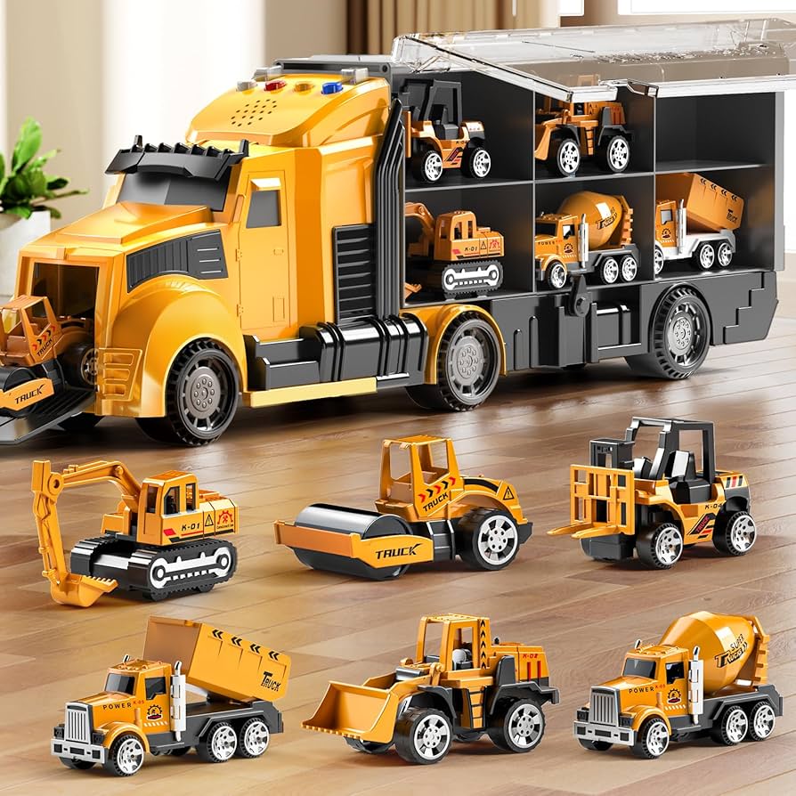 NIPLOOOW Toddler Boys Construction Truck Vehicle Toy Set with Play Mat and Die-Cast Toy Car, Transport Carrier Truck for Kids 3-5, Birthday Gifts Toys for 3-8 Year Old Boys