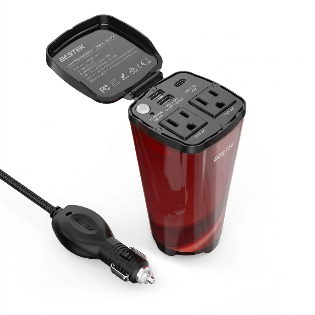 BESTEK 200W Cup Holder Car Power Inverter with Dual USB Ports