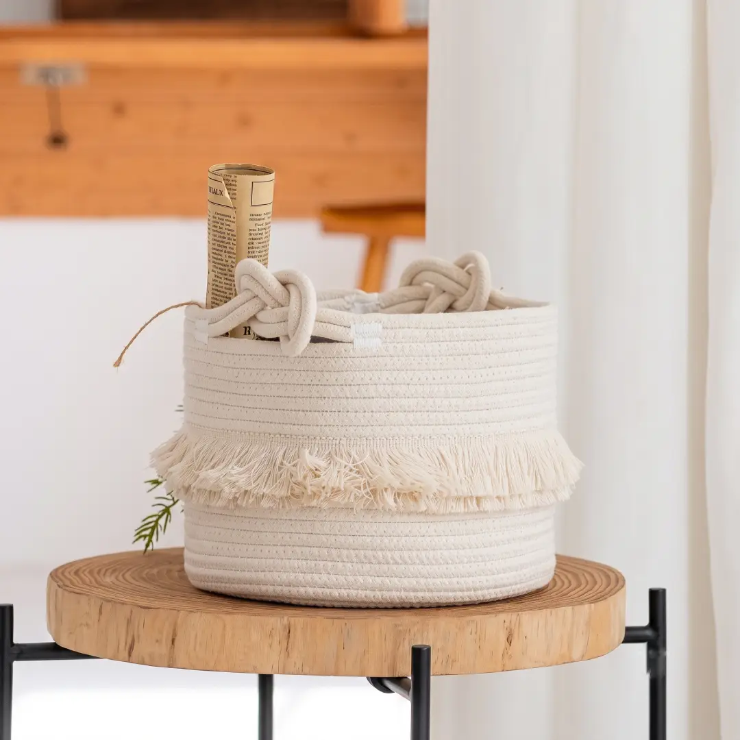 Small Woven Cotton Rope Storage Basket with Tassel image 3
