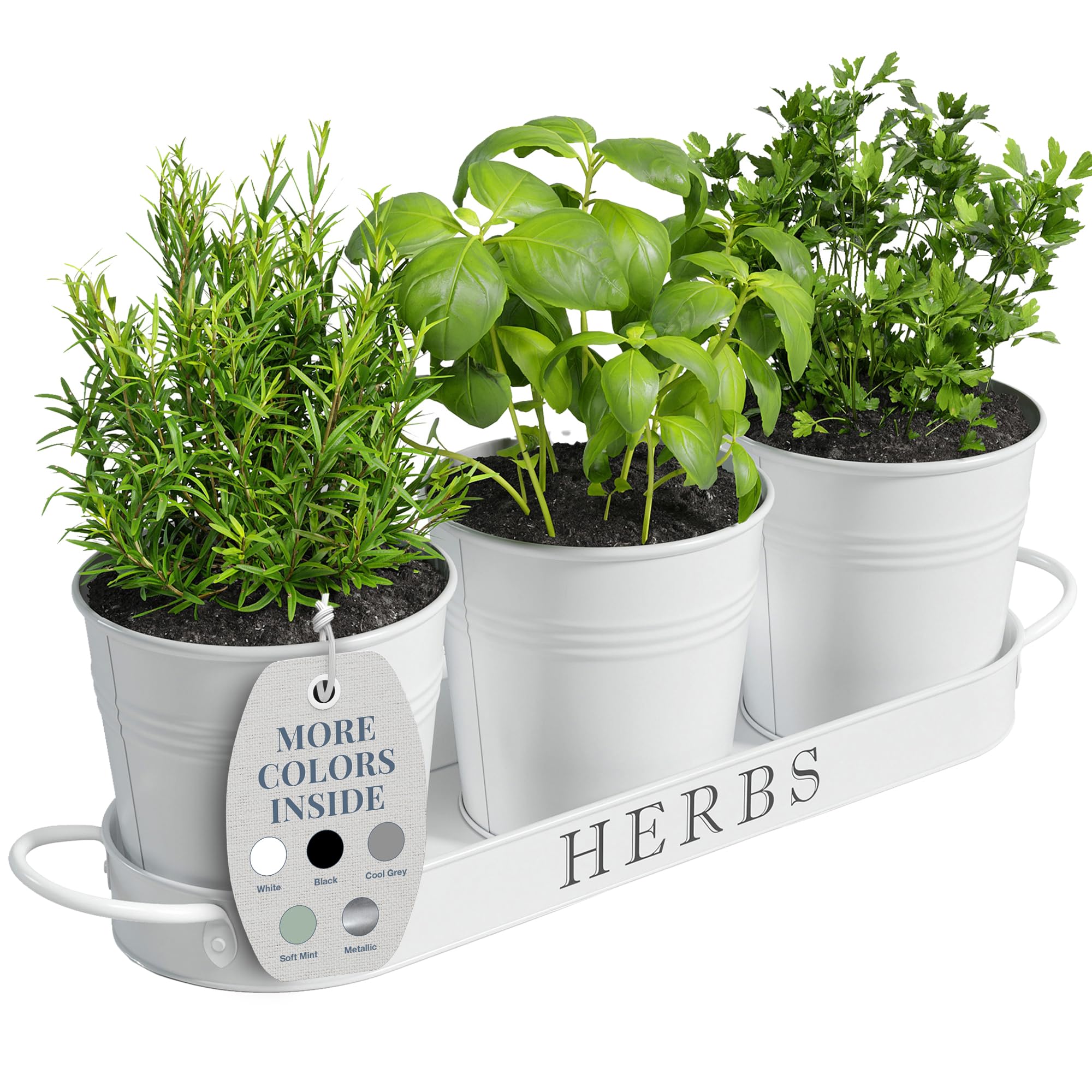 Barnyard Designs Indoor Herb Garden Planter Set with Tray, Metal Windowsill Plant Pots with Drainage for Outdoor or Indoor Plants, Set/3 (White)