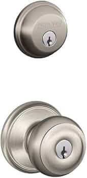 SCHLAGE Satin Nickel FB50N V GEO 619 B60 Single Cylinder Deadbolt and F51 Entry Georgian Knob Keyed Alike, Finish, Security Set