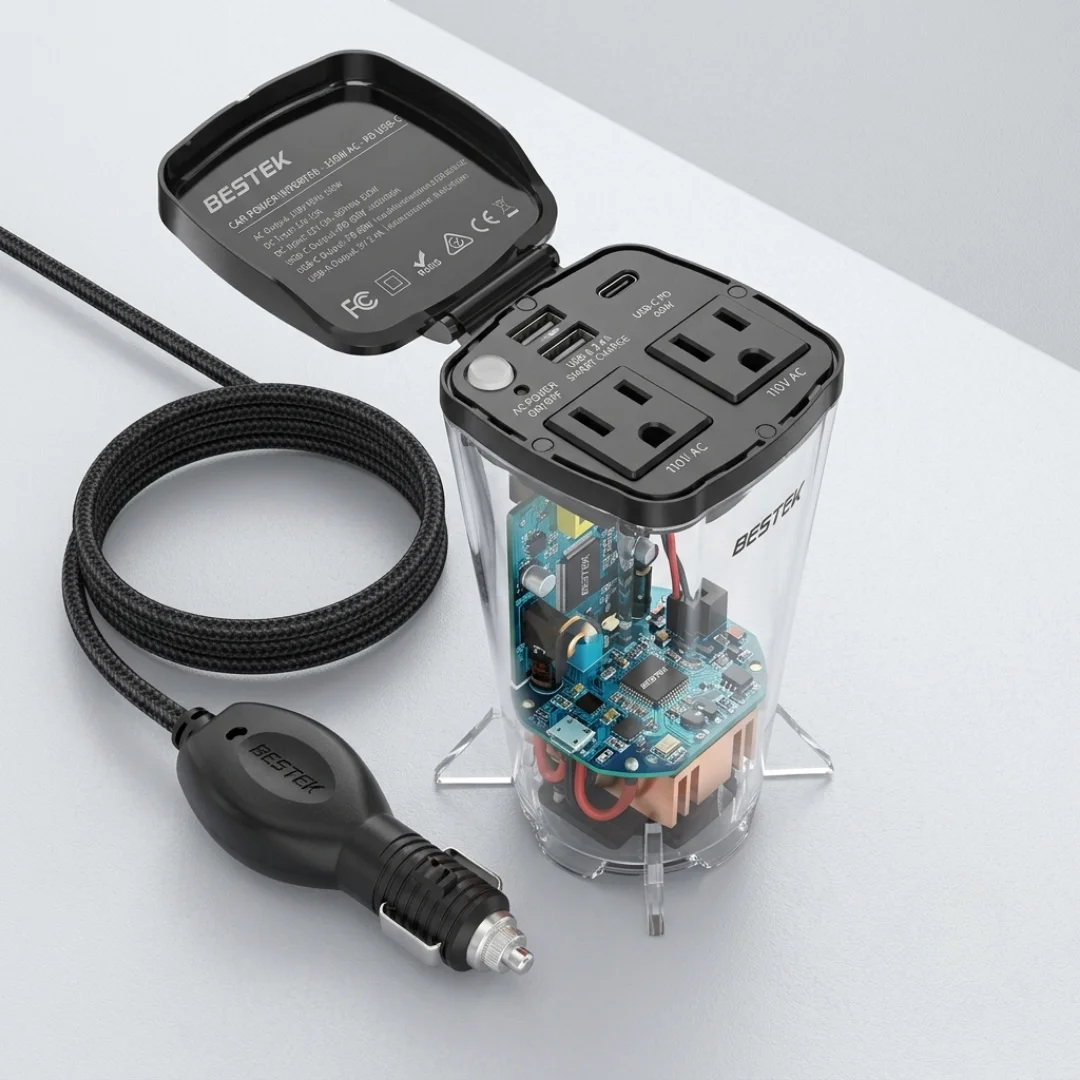 BESTEK 200W Cup Holder Car Power Inverter with Dual USB Ports image 2