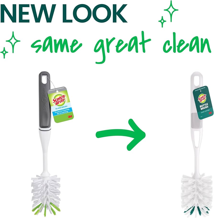 Scotch-Brite Glass and Water Bottle Brush, Long-Lasting, Safe on Glassware, Shaker Bottles, Food Processors, & More, Non-slip handle, Durable, Reusable, Clean in Top Rack of Your Dishwasher
