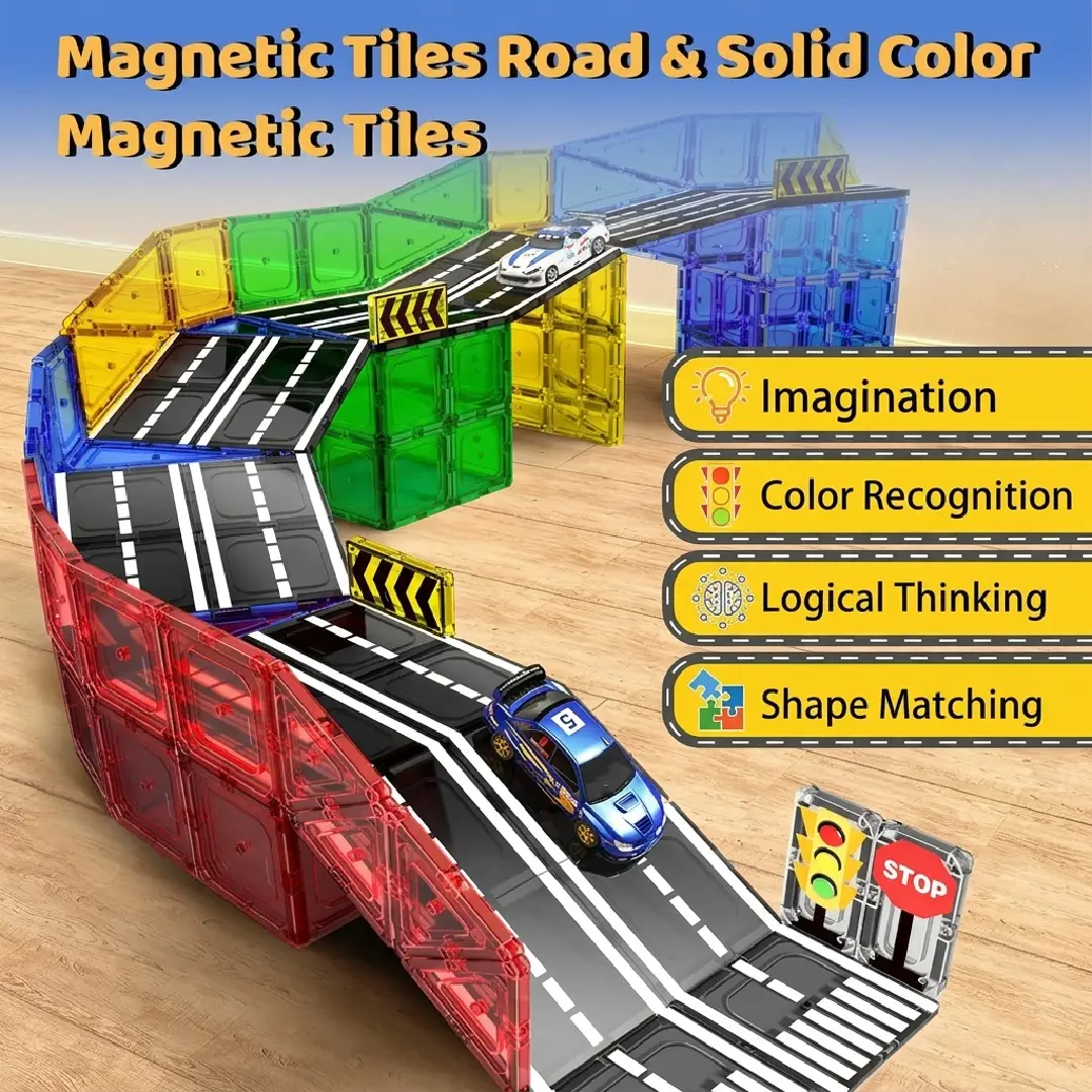Magnetic Tiles Road Building Set – 106-Piece Magnetic Building Blocks STEM Toy for Kids Ages 3+ image 3