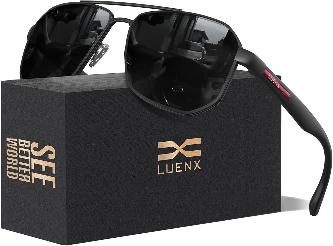 LUENX Aviator Sunglasses for Men Square Polarized Polygon Lens - UV 400 Protection with Accessories Driving Outdoor