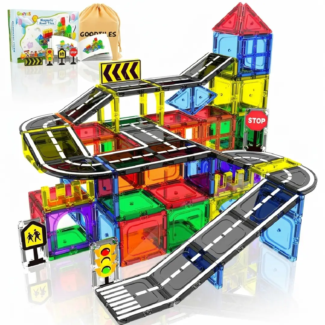 Magnetic Tiles Road Building Set – 106-Piece Magnetic Building Blocks STEM Toy for Kids Ages 3+ image 1
