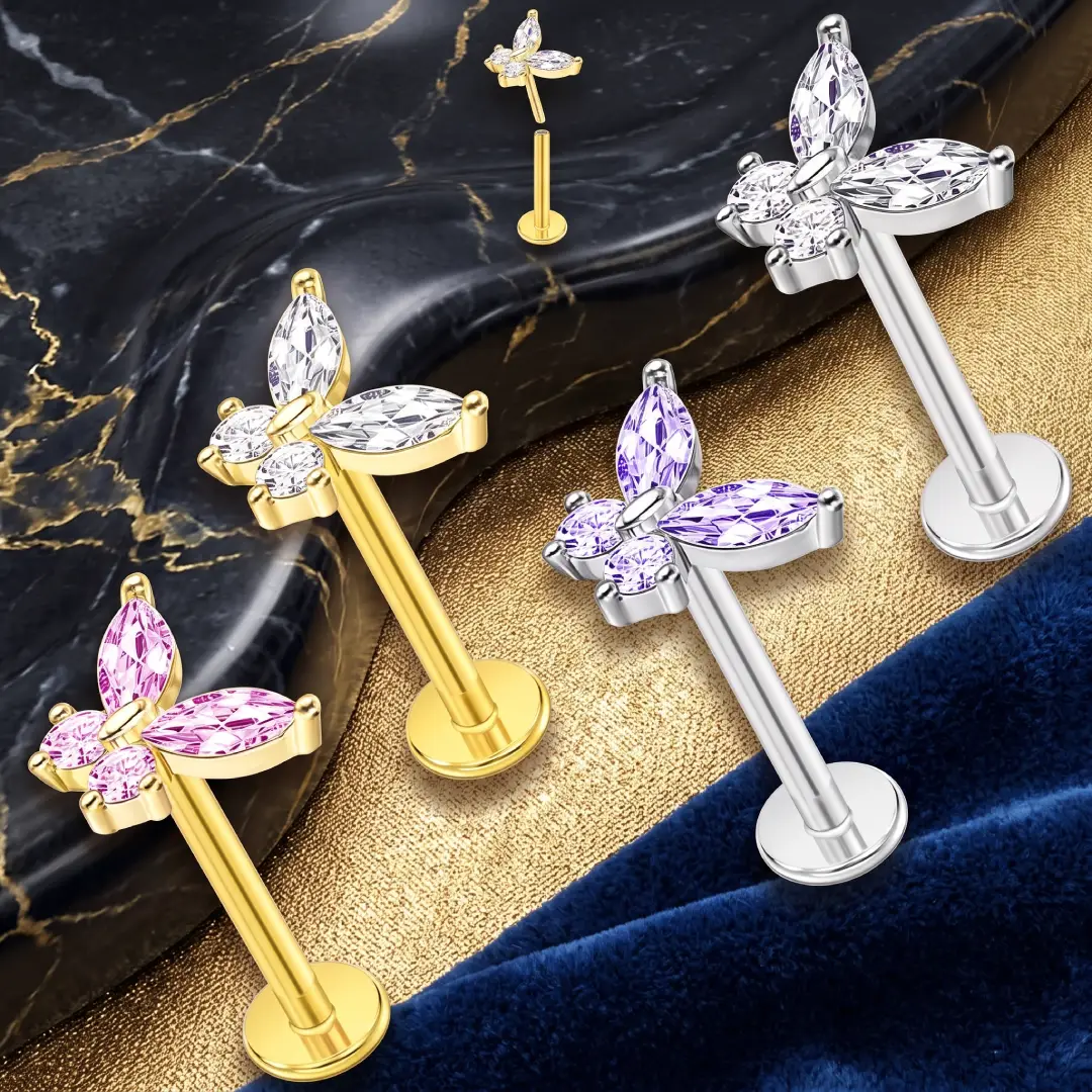 16G Threadless Nose Studs Butterfly Bee Flat Back Lip Rings image 3
