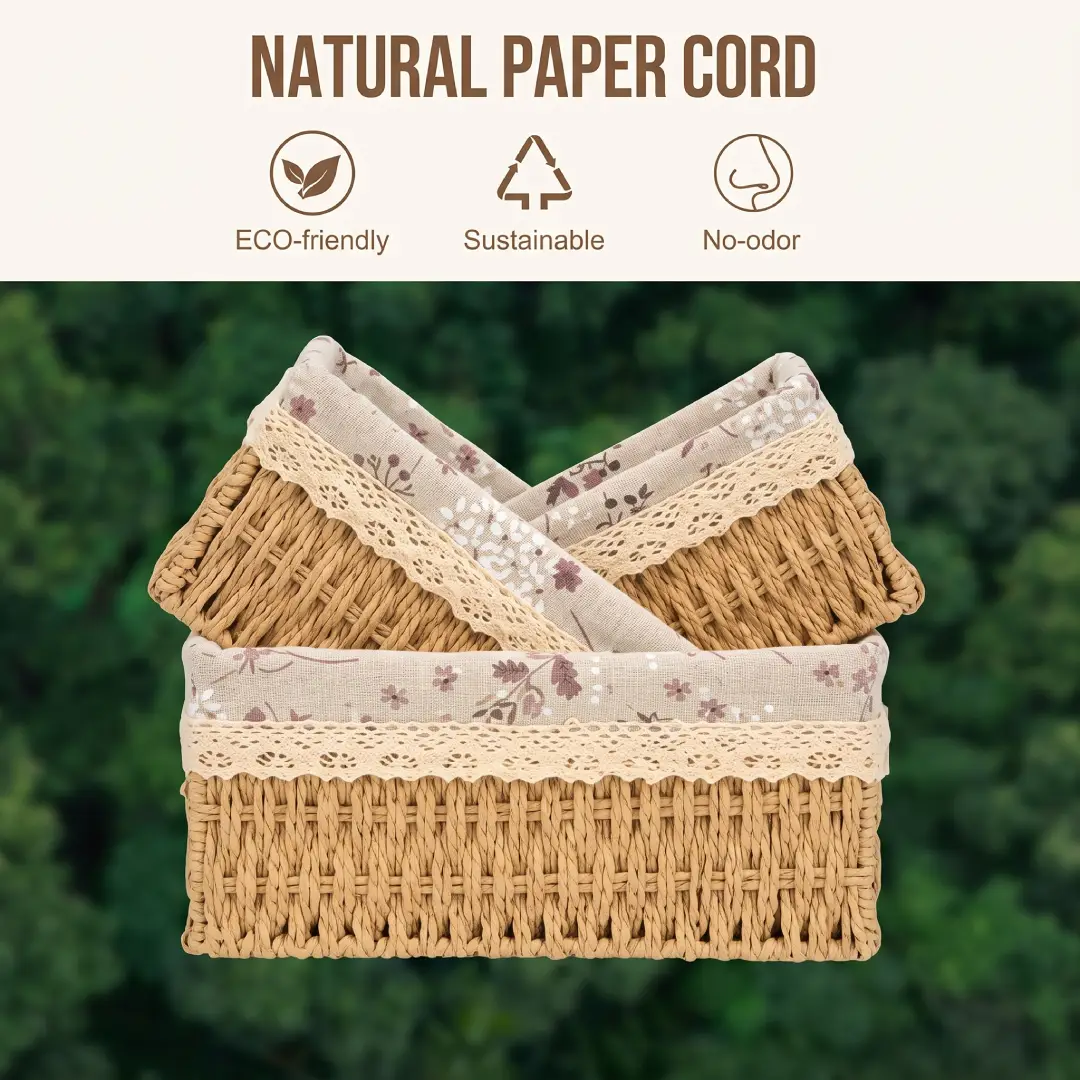 Floral Wicker Storage Baskets 3 Pack Handwoven Beige Basket Set image 1