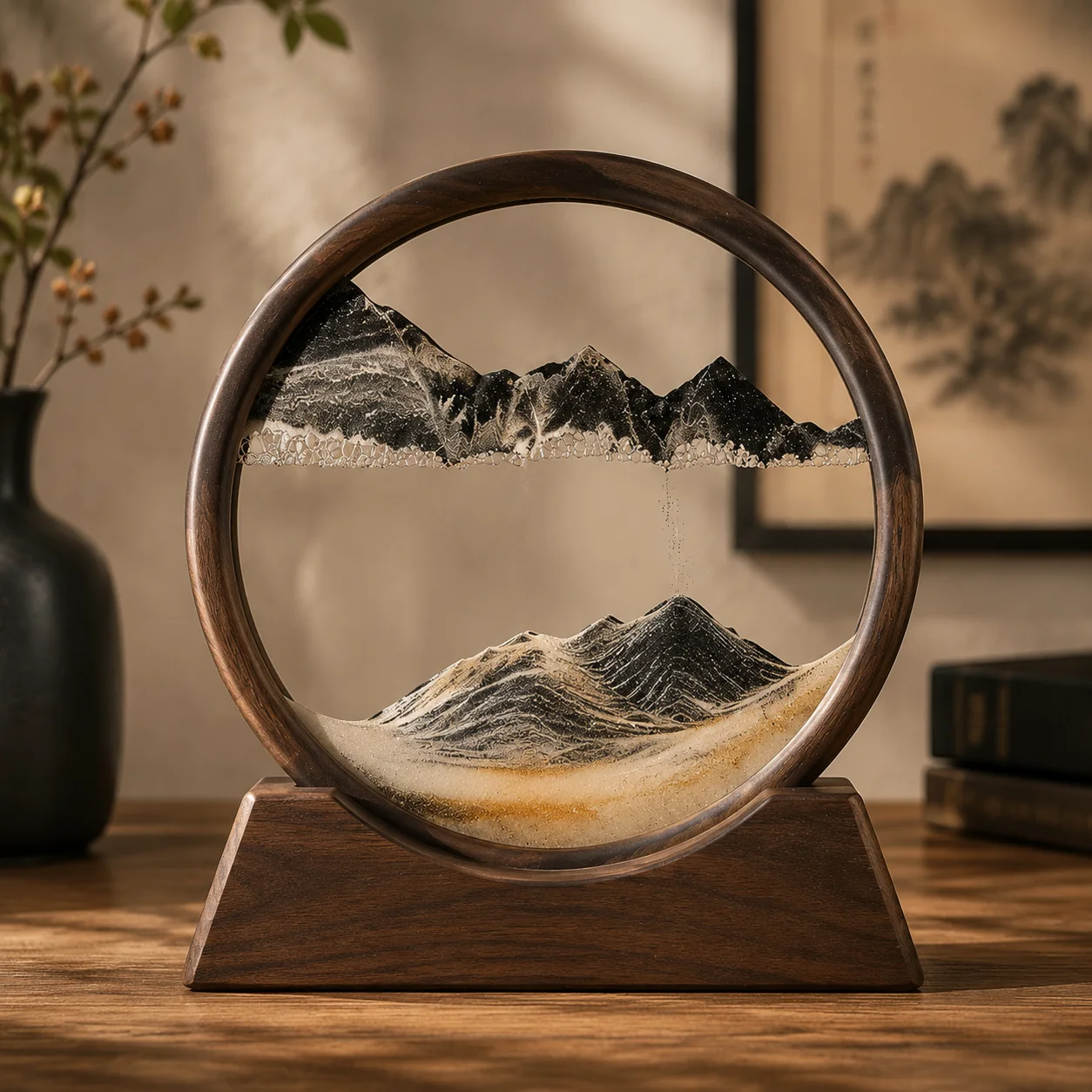 3D Moving Sand Art Picture – 7 Inch Round Glass Liquid Motion Sandscape Desk Decor