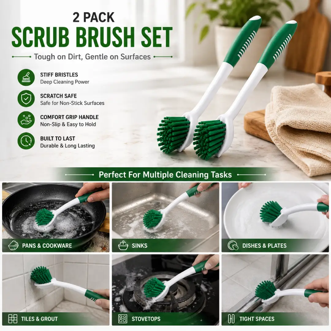 Dish Brush with Handle 2 Pack Kitchen Scrub Brushes for Pots and Pans image 3