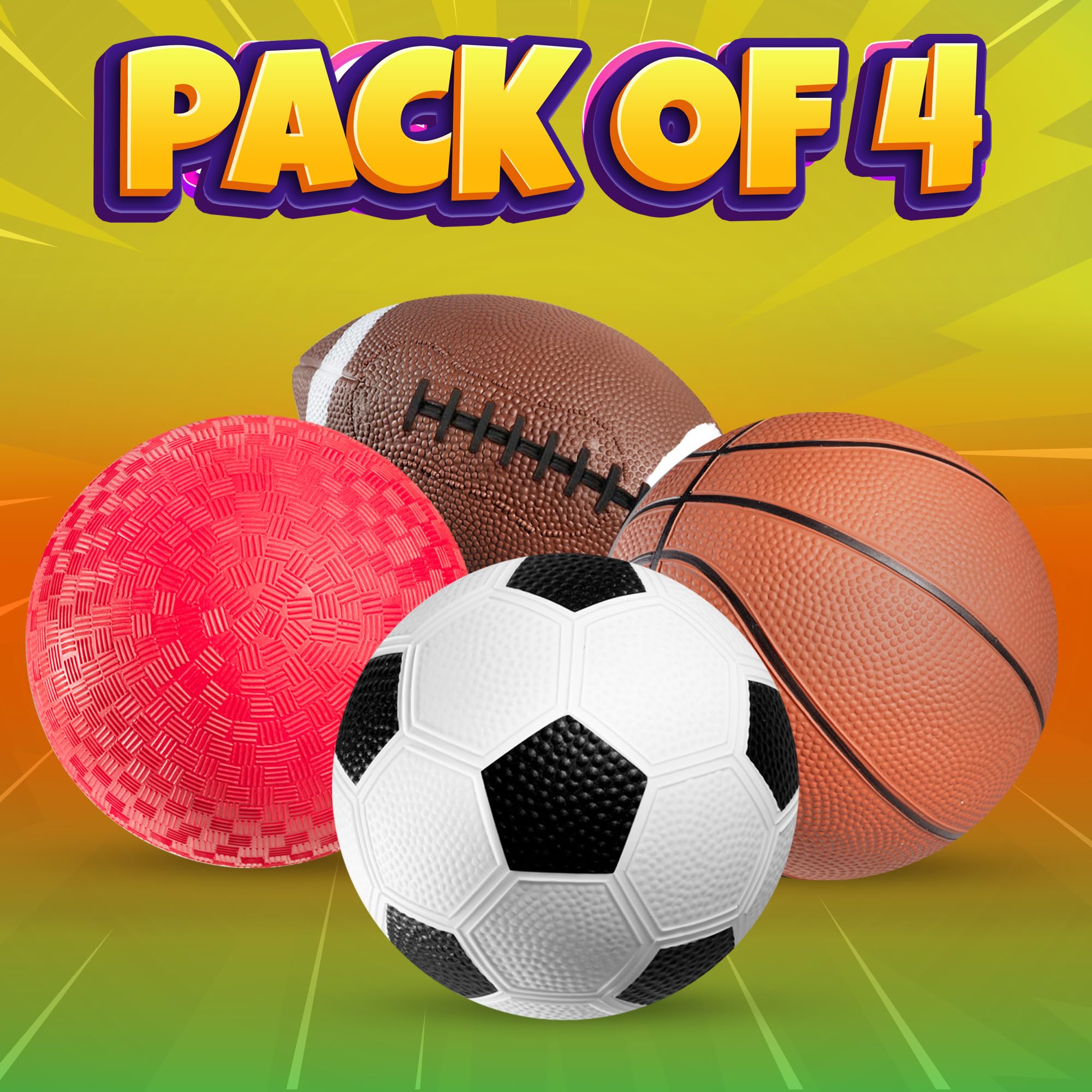 Sports Balls for Kids & Toddlers - (Pack of 4) 5-inch Sports Set Includes Football, Small Size Soccer, Basketball, and Playground Balls, Fun Indoors & Outdoor Toys (Hand Pump Included)