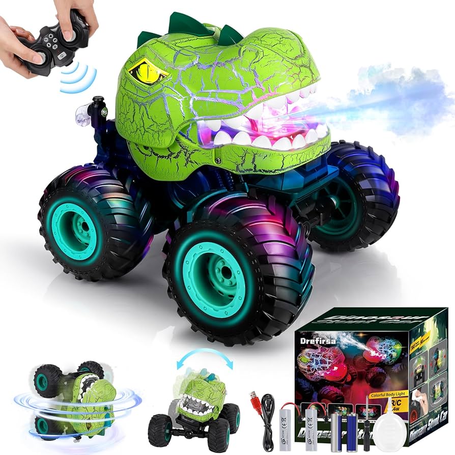 Drefirsa Remote Control Car for Boys Age 4-7 8-12, 50min+ Runtime Dinosaur Monster Truck Toy with Spray, Light, Music, Stunts, Birthday Gift for Boy 3 4 5 6 7 8 9 10 Year Old
