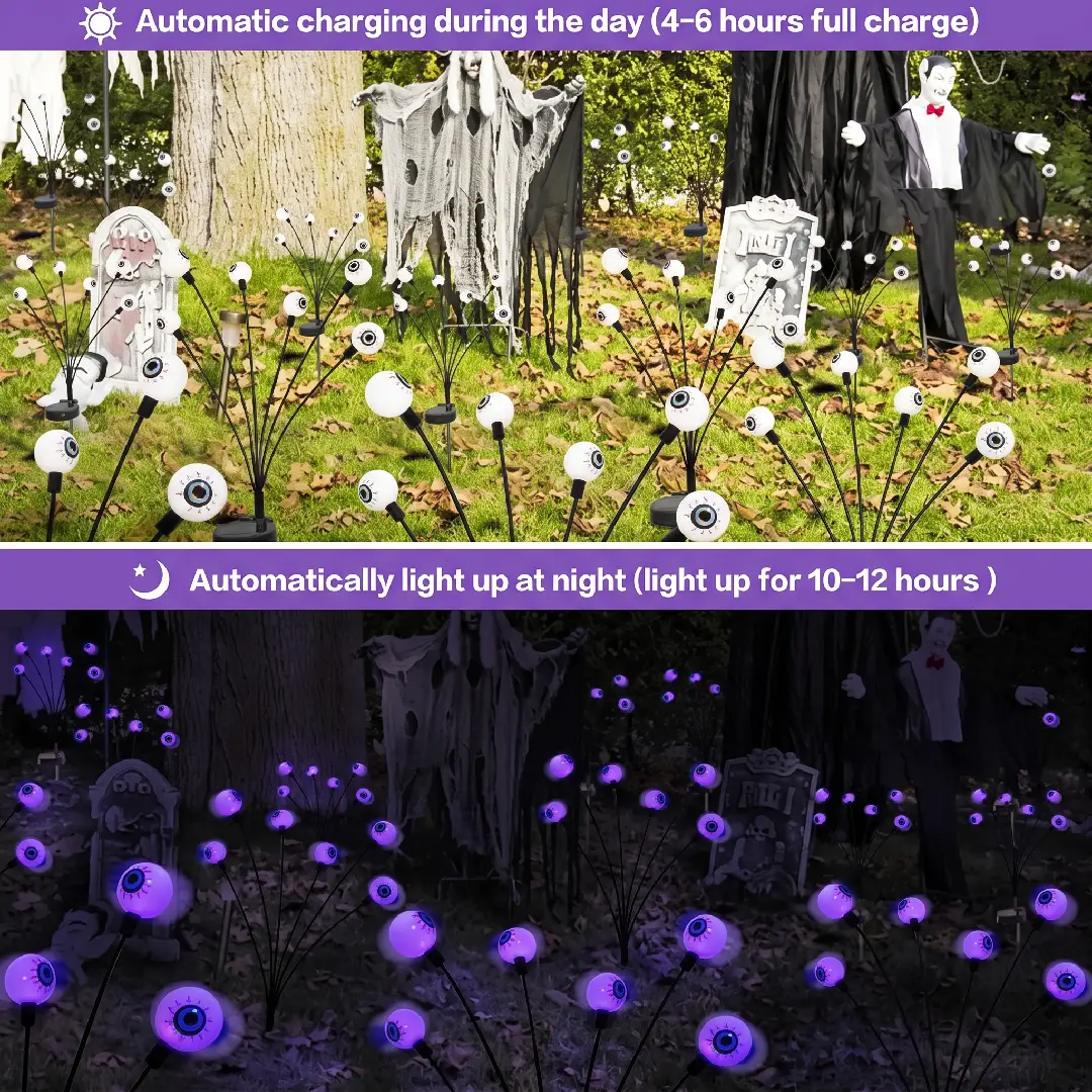 2-Pack Solar Halloween Eyeball Lights – 12 LED Green Outdoor Path Lights image 2