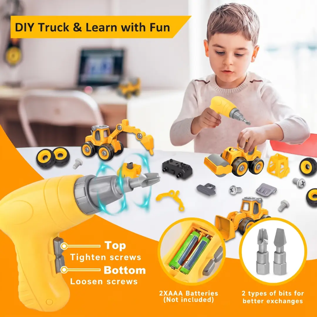 6-in-1 Take Apart Construction Truck Set with Electric Drill – STEM Building Toy for Kids image 3