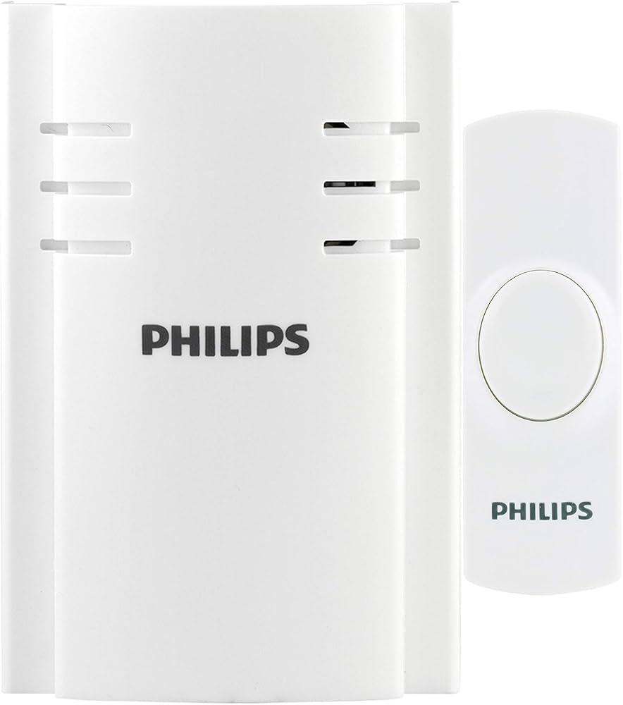 Philips Wireless Doorbell Kit, Plug-In Reciever, 1 Push Button, 2 Melodies, 4 Volume Levels, 150 Ft Range, White, DES2120W/27
