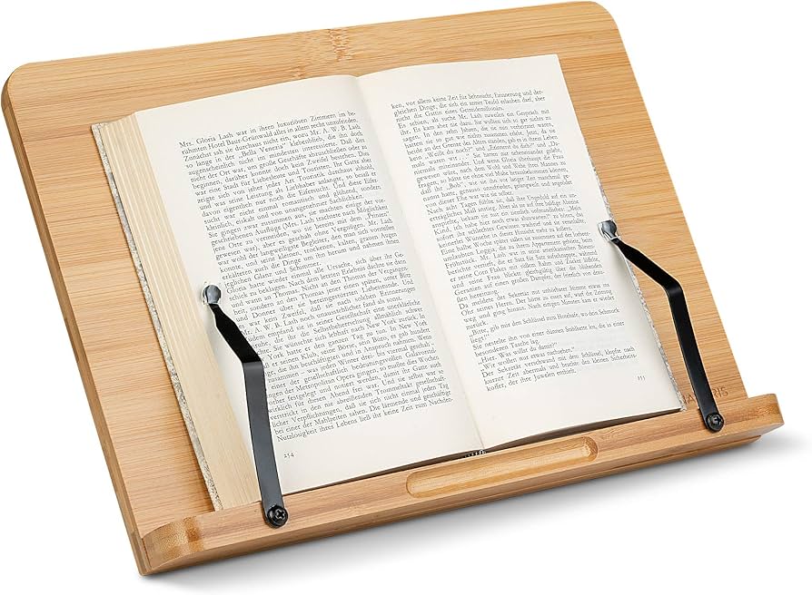 Cookbook Stand for Kitchen Counter, 5-Level Adjustable Elegant Bamboo Recipe Book Holder, All-in-One Design Locks Flat for Easy Storage, Holds 1 inch Thick Books for Cooking, Working, and Studying