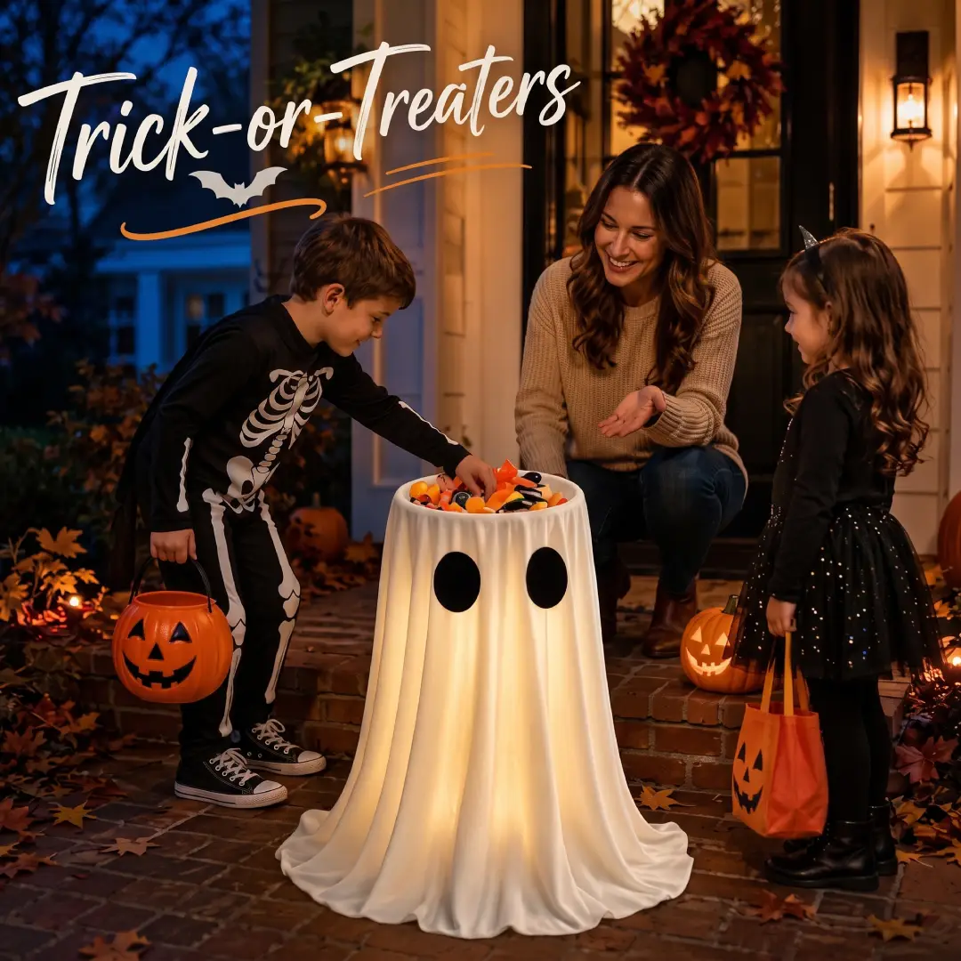 30-Inch Lighted Halloween Ghost Candy Bowl with Timer & Remote image 3