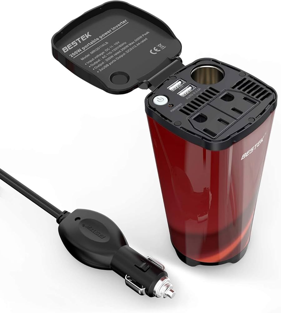 BESTEK 200W Power Inverter, Car Plug Adapter Outlet Converter with Dual 4.5A USB Charging Ports, Cup Holder Car Charger with Cigarette Lighter Socket for Laptop, Computer (Cola Red)
