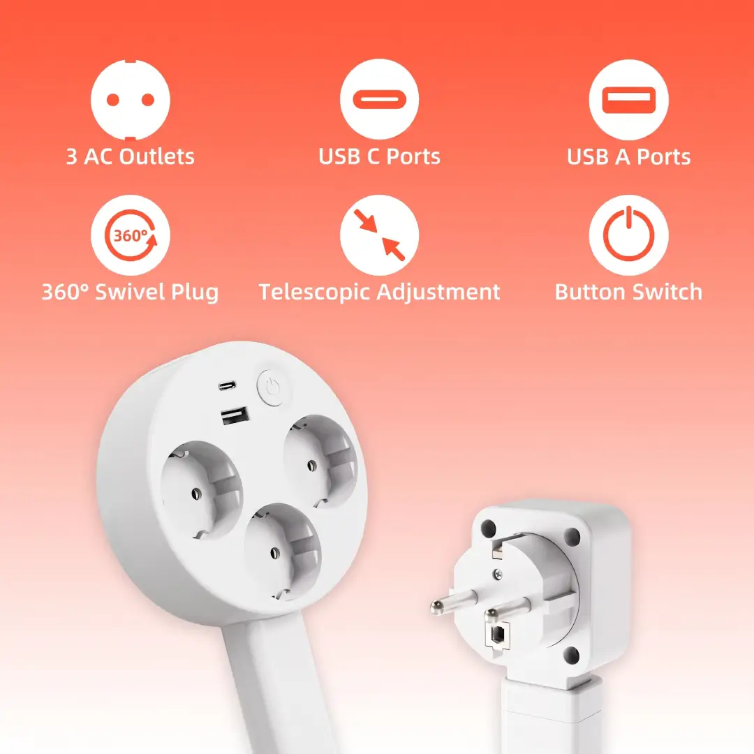 EU Plug Rotating Power Strip with Adjustable Extension Cable, Multi-Socket Wall Charger & Circular Extension Outlet image 1