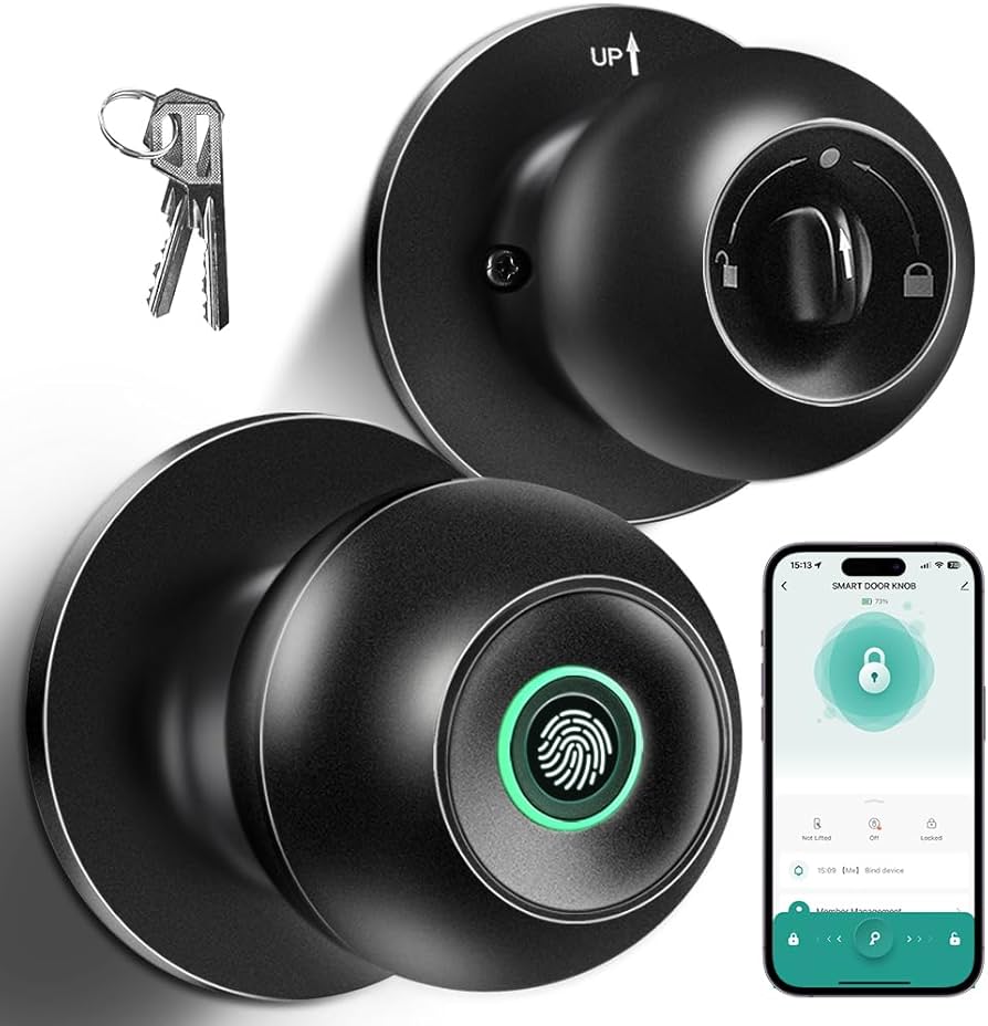 Fingerprint Door Lock, Smart Fingerprint Door Knob with Lock, Biometric Door knob with App Control & Key, Keyless Thumbprint Entry Door Lock for Bedroom, Front Door, Home, Apartment Office-Matte Black