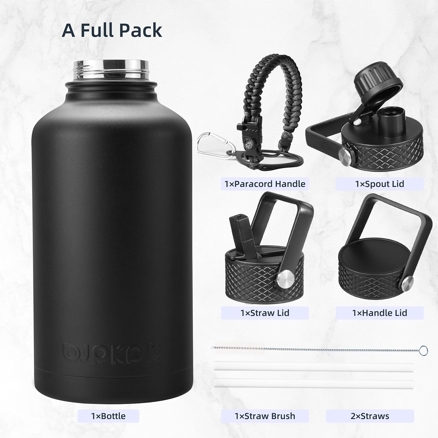 BJPKPK Half Gallon Insulated Water Bottles with Straw Lid, 64oz Large Water Jug, Stainless Steel Bottles with 3 Lids and Paracord Handle, Thermo for Hot & Cold Liquid, Black
