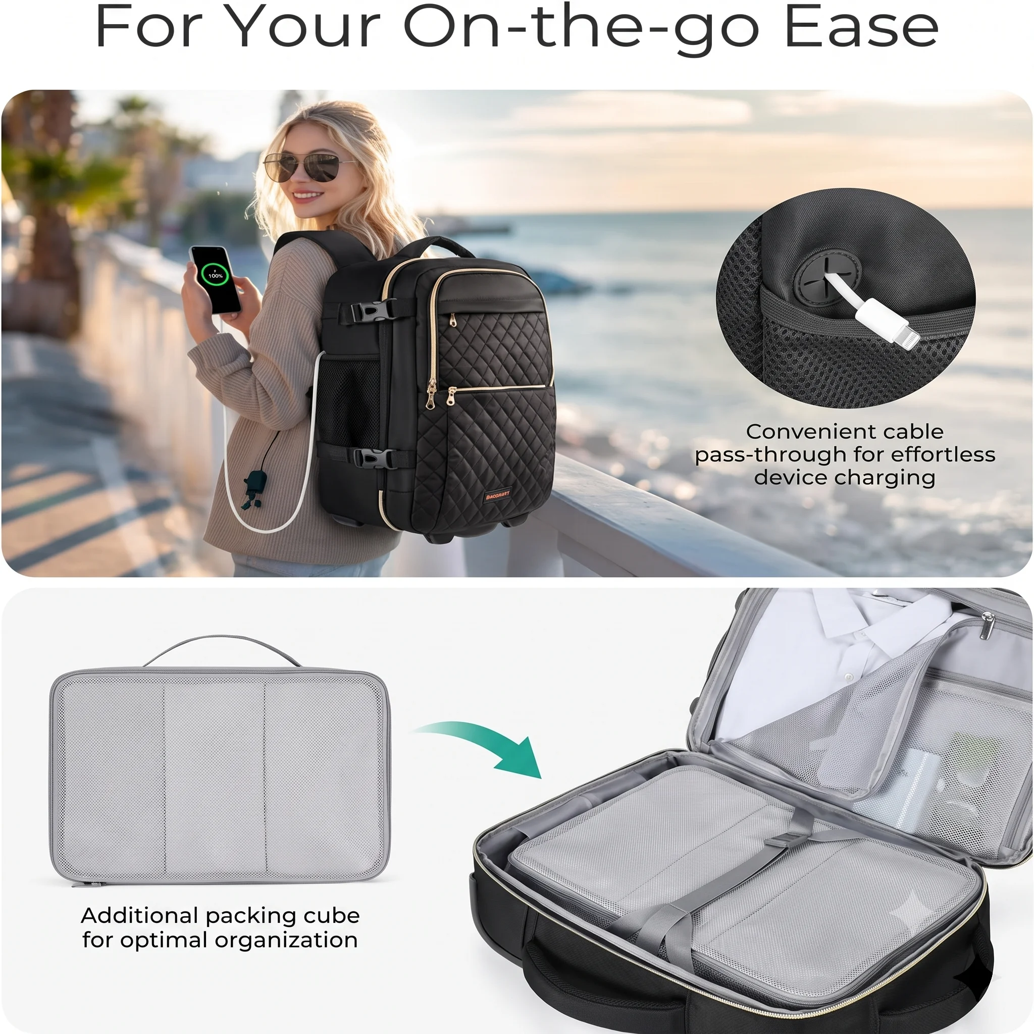 BAGSMART Rolling Backpack for Women with Wheels and Packing Cube image 2