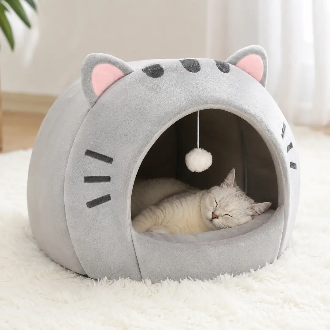 Cozy Cartoon Cat Cave Bed for Small & Medium Cats – Covered Pet House with Cushion image 3