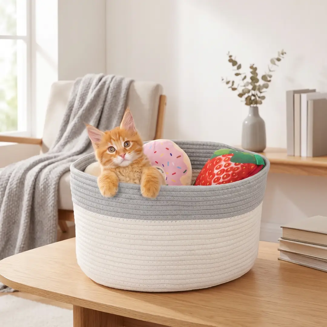 Small Woven Cat Toy Basket for Pet and Nursery Storage image 3