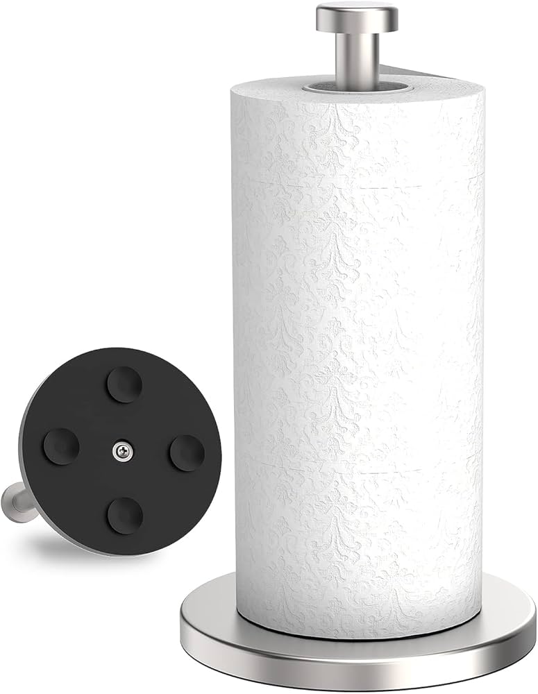 Paper Towel Holder Countertop, Standing Paper Roll Holder with Anti Slip Weighted Base, Stainless Steel Freestanding Paper Towel Holder for Kitchen, Black