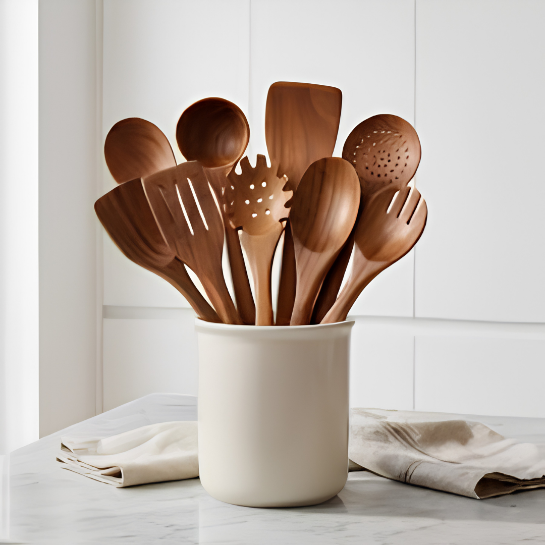 9 Piece Teak Wooden Kitchen Utensil Set with Spoon Rest image 2