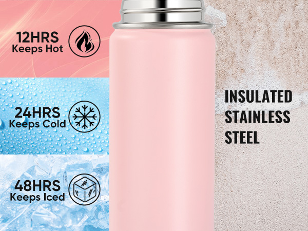 Fijinhom 24 oz Insulated Water Bottle, 2-in-1 Stainless Steel with Straw and Spout, Leak Proof, 304 Stainless Steel with Wide Mouth, Double Wall Vacuum for Outdoors, Sports, Travel, Work (Pink)