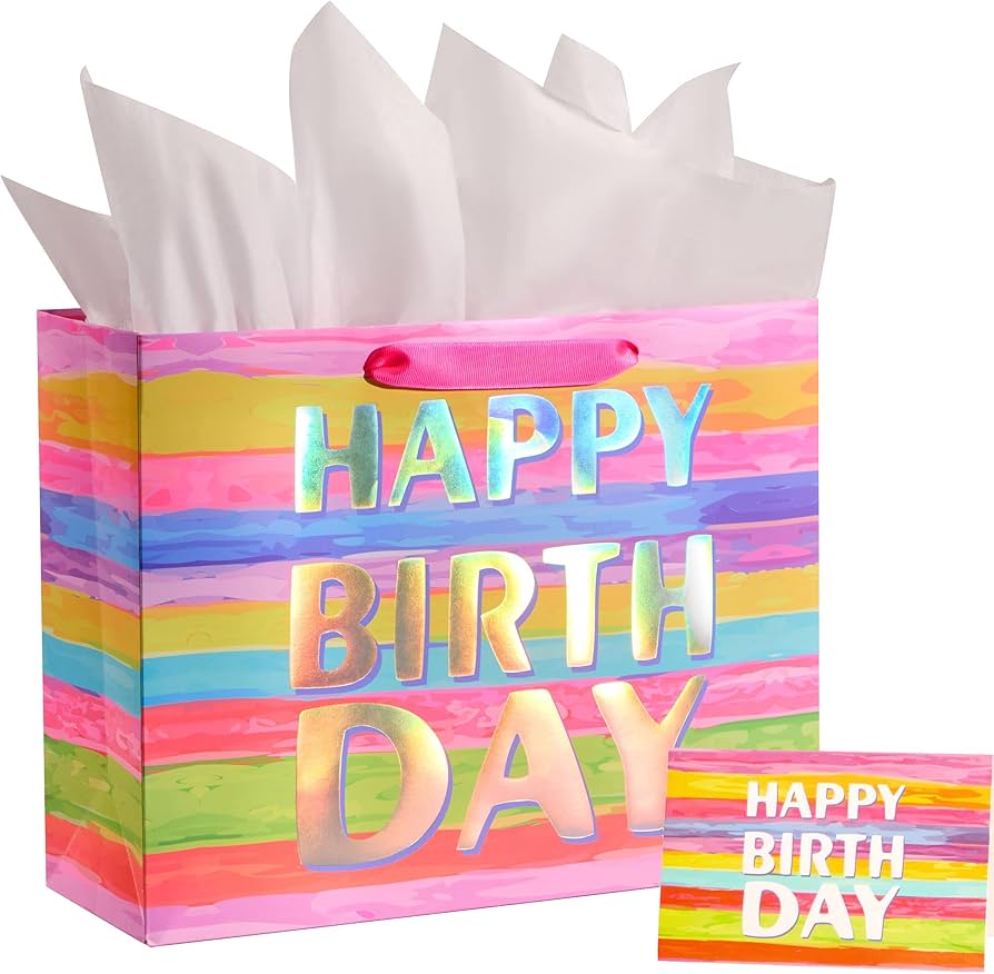 SUNCOLOR Large Happy Birthday Gift Bag with Tissue Paper & Card, 13 x 10.2 x 4.7 Inches Premium Paper Bag for Birthday, Kids', Women's & Mother's Gifts