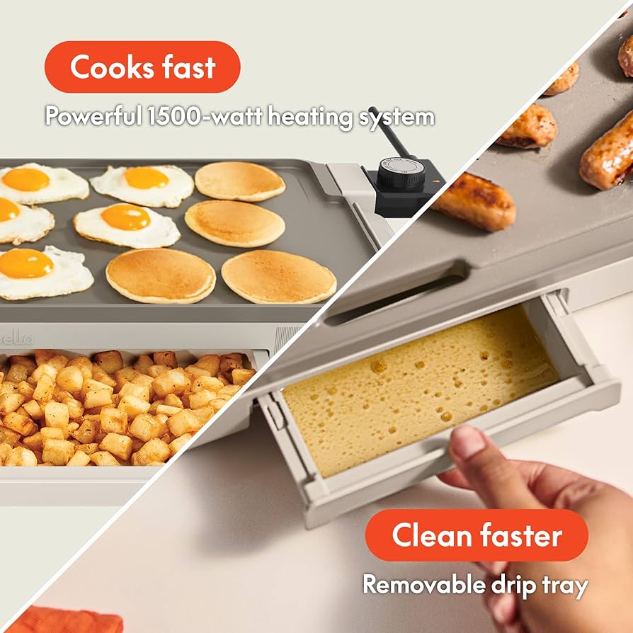 bella 10" x 20" Electric Griddle with EverGood™ Ceramic Nonstick Coating, Removable Temperature Probe, Dishwasher-Safe Drip Tray & Cool Touch Handles, Cook up to 10 Eggs, 1500 Watt, Oatmilk
