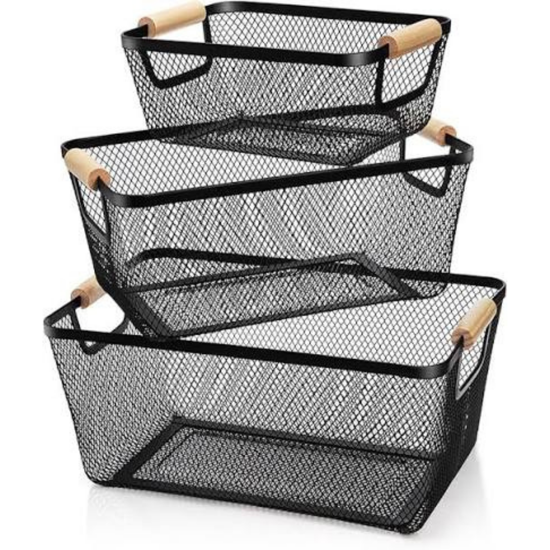 Metal Mesh Wire Storage Basket with Wood Handle image 2