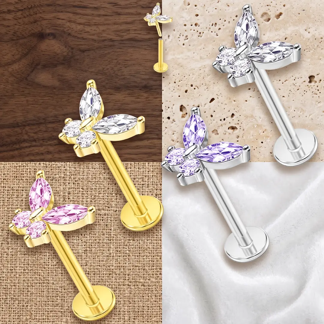 16G Threadless Nose Studs Butterfly Bee Flat Back Lip Rings image 4