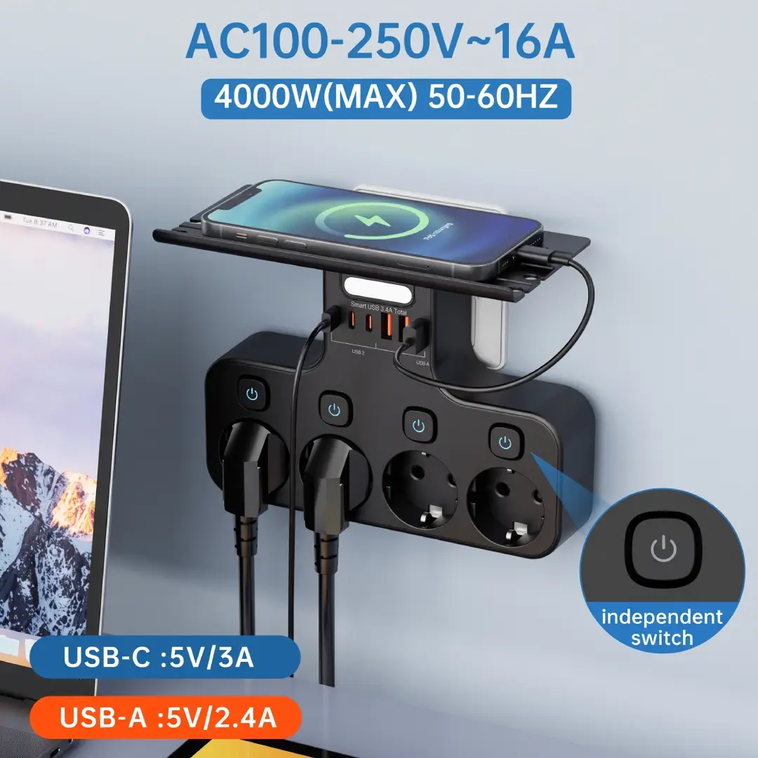 4000W EU Plug Power Strip with USB-C Ports, Independent Switches & Smart Night Light image 2