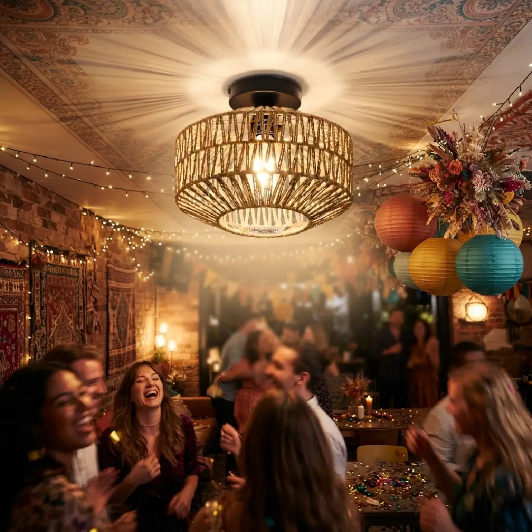 Boho Rattan Ceiling Light Fixture with Dimmable LED Bulb image 4