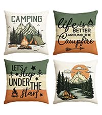 AVOIN colorlife Life is Better Around The Campfire Throw Pillow Covers 18x18 Inch Set of 4, Camping Let's Sleep Under The Stars Saying Cusion Case Decoration for Sofa Couch