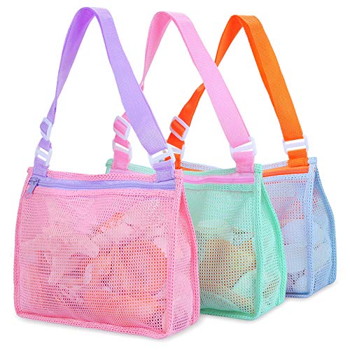 Tagitary Beach Toy Mesh Beach Bag Kids Shell Collecting Bag Beach Sand Toy Seashell Bags Swimming Accessories for Boys and Girls(Only Bags,A Set of 3)
