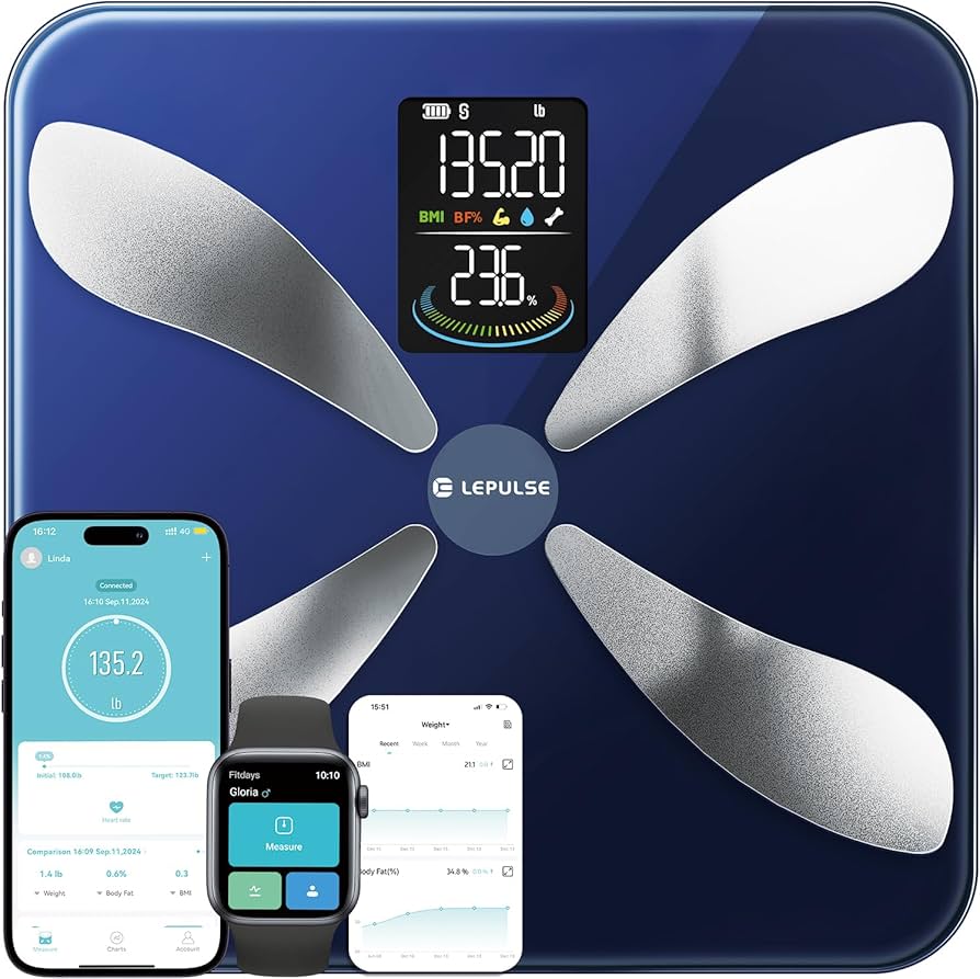 Lepulse Smart Weight Scale with BMI Body Fat Muscle Mass, Updated X-Shaped Electrode Scale for Body Weight and Fat Percentage, 13 Body Composition Scale Large Display, Digital Bathroom Scale with App