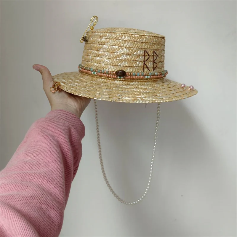 Womens Straw Hat Wide Brim Beach Sun Hat with Metal Chain Letter Openwork Design Elegant Summer Cap for Women Fashion Holiday