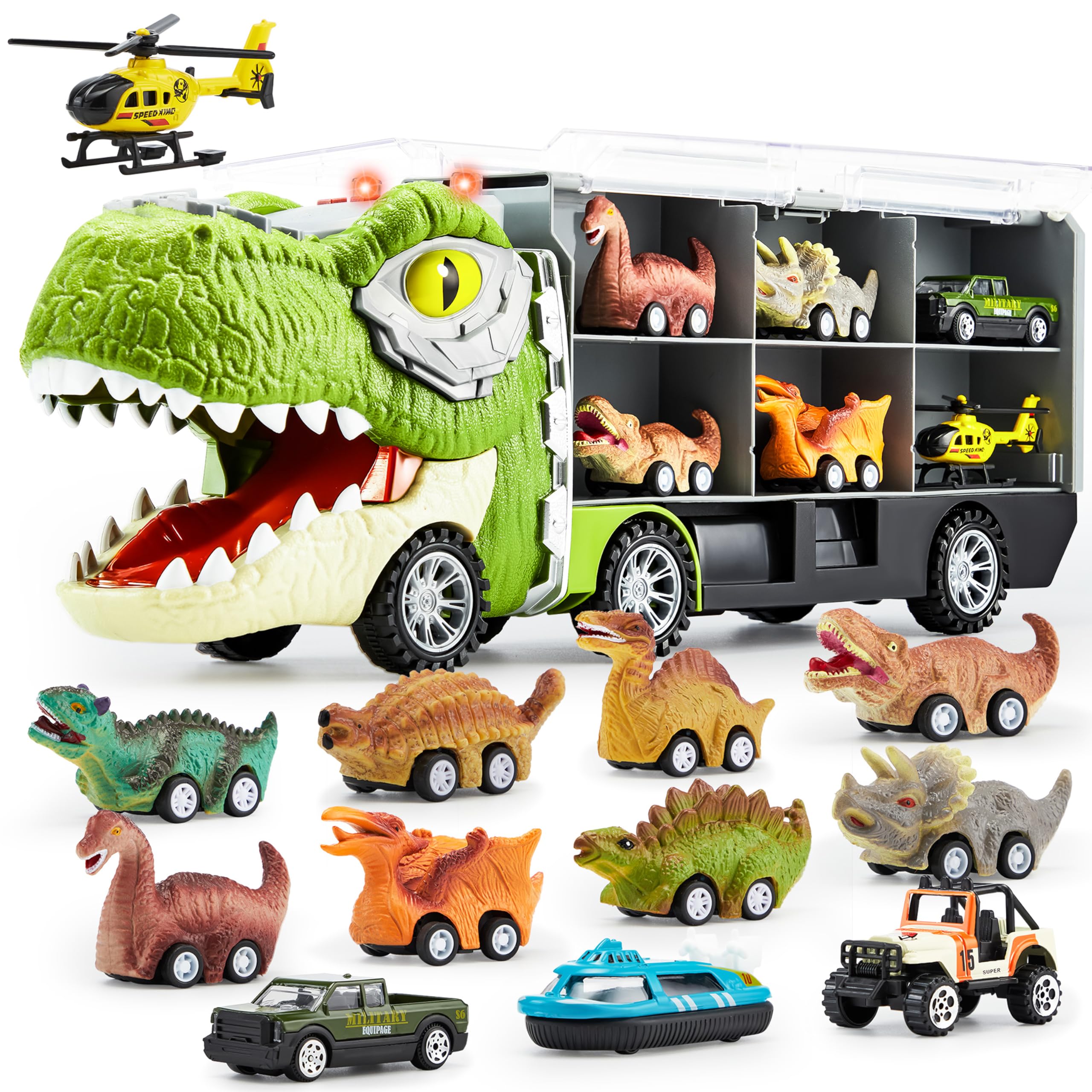 JOYIN 13 in 1 Dinosaur Toys for Kids 3-5, Transport Dinosaur Carrier Truck with 12 Pull Back Cars, Toddler Toys 3-4， Birthday Gifts for 3 4 5+ Year Old Boys