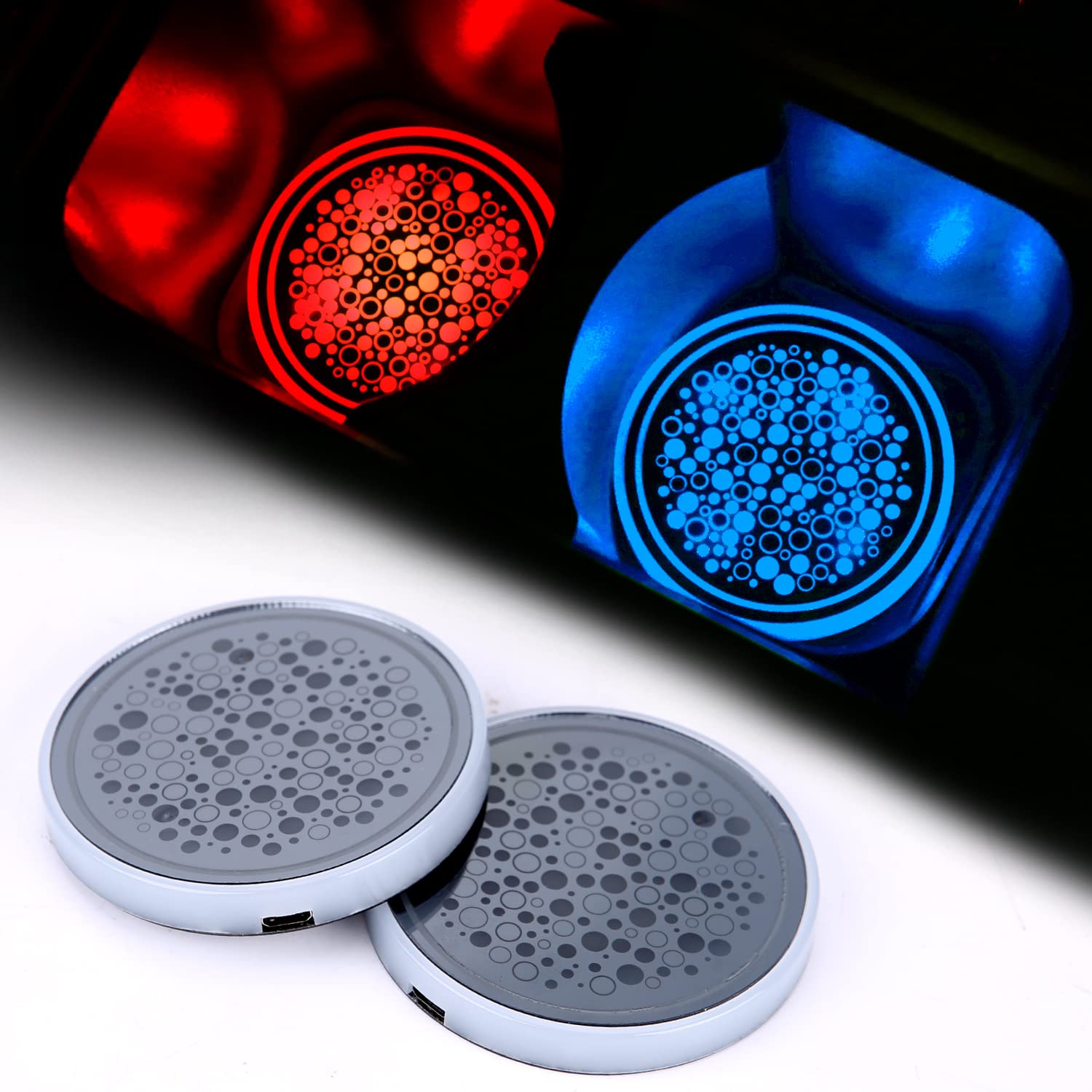 ACODABLEM 2 Pack LED Cup Holder Lights, Car Coaster with 7 Colors Changing USB Charging Mat, Luminescent Cup Pad Interior Atmosphere Lamp Decoration Light (Black)