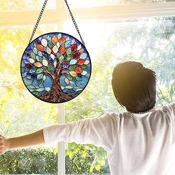 DASTOLL Stained Glass Window Hanging, Colorful Tree of Life Sun Catchers Glass Panel Blue Suncatcher Decor for Birthday for Women, Men, Wife, Aunt, and Mom 6.3 in