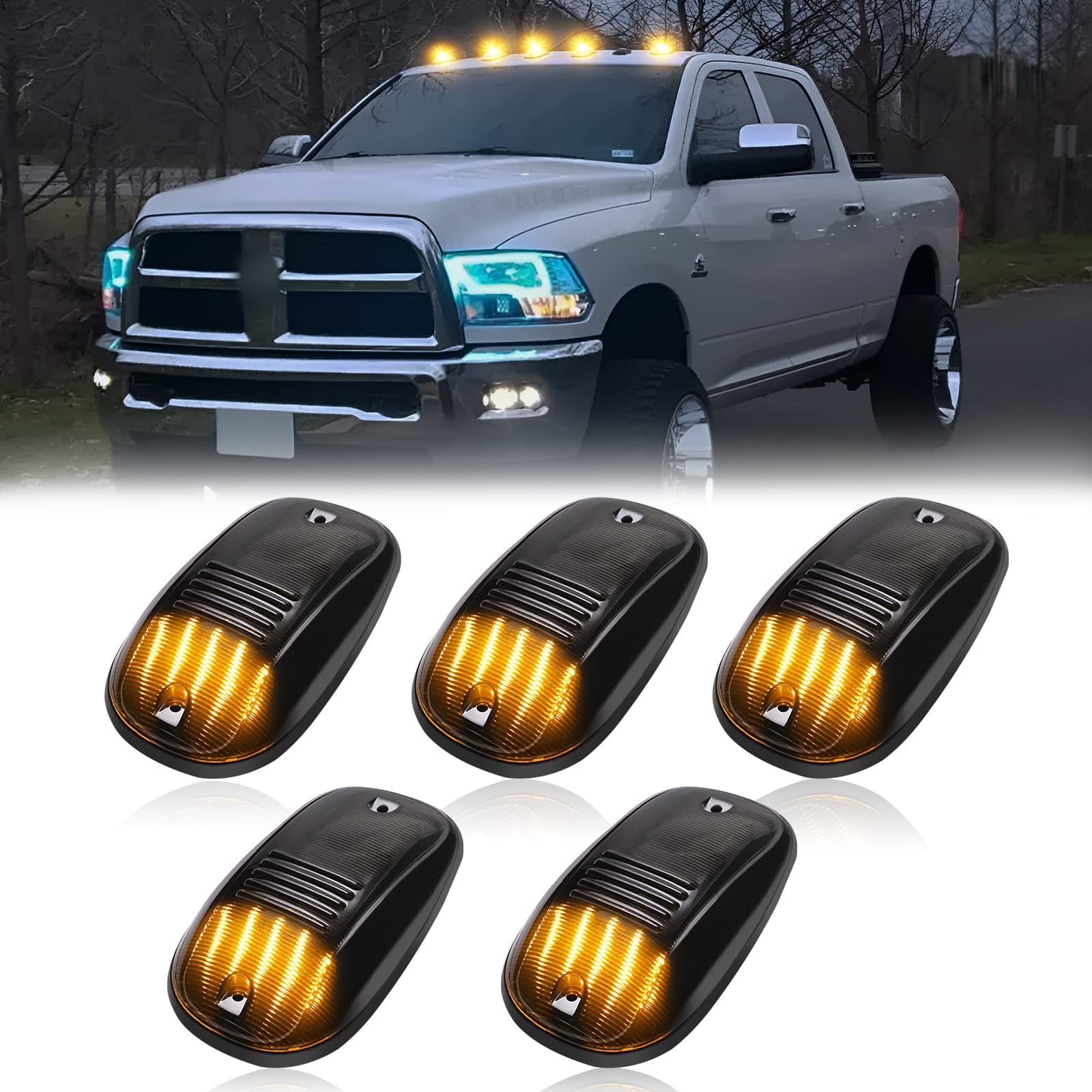 R&F Auto 5Pcs Smoked LED Cab Roof Marker Lights Compatible with Ram 1500 2500 3500 (2003-2018) Pickup Trucks Roof Running Lamps