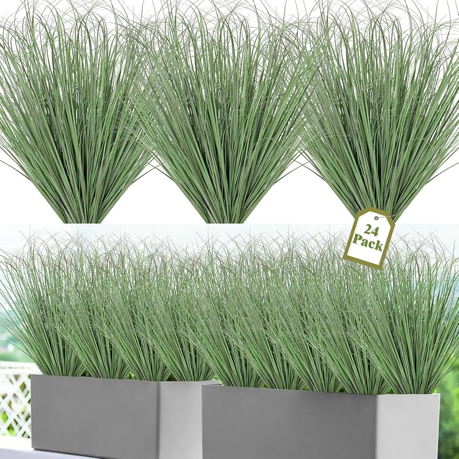 24 Bundles Artificial Plants Onion Grass Outdoor 20 Inch Tall Fake Shrubs Wheat Grass UV Resistant Greenery Stems Faux Bushes Plant for Indoor Outdoor Garden Office Home Decor, Green