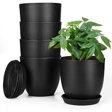 6 Inch Self Watering Pots for Indoor Plants (5-Pack) – Small Plastic Planters with Water Window, Drainage Holes & Trays, Indoor Outdoor Flower Pots for Herbs, Succulents, Home Garden Decor (Black)
