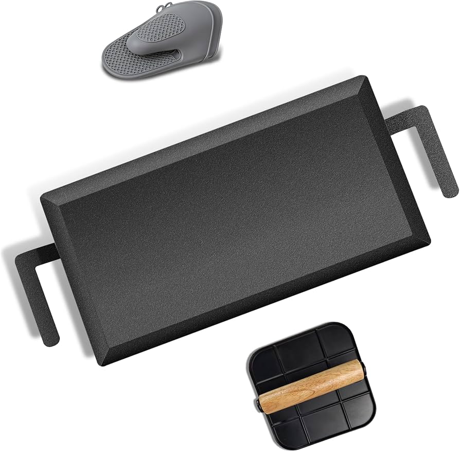 Universal Large Carbon Steel Griddle for Outdoor Gas Grill, Induction, Gas/Electric Stove, and Oven, Double Burner Griddle Comes with Grill Press, Pre-seasoned Nitride Coating Process