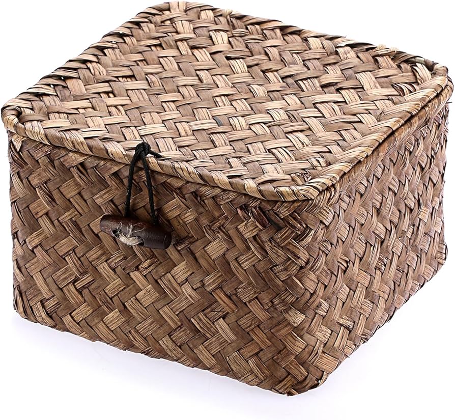 Hipiwe Handwoven Wicker Basket with Lid Desk Organizer for Remote Control Key Glass Coffee Color Seagrass Box for Decoration, Caramel Color 3.5" x 3.5" x 2"