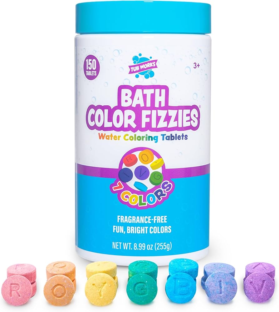 Tub Works® Bath Color Fizzies, 150 Count | Nontoxic & Fragrance-Free | Fizzy, Bath Color Tablets for Kids | Create Colorful Water Water Tablets in 7 Colors for Variety | Bath Bombs for Kids Bathtub